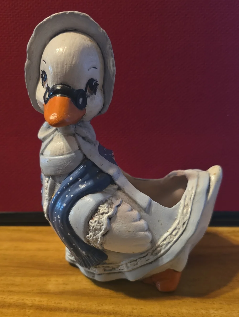 Cottage Core Vintage-Style White and Blue Duck Planter Vase 1984